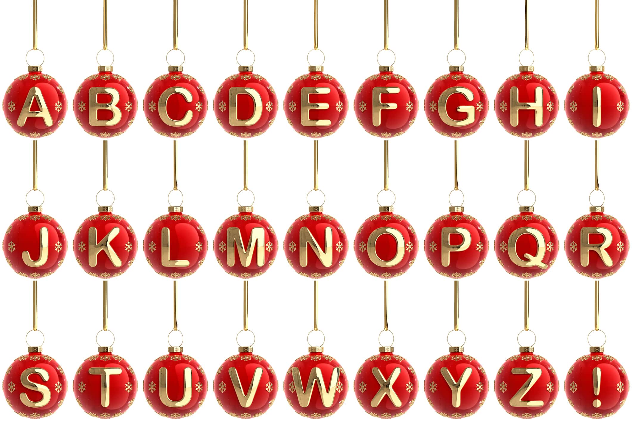 Red Christmas ball decorations with gold letters of the alphabet.