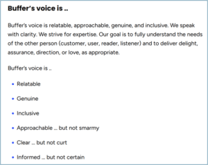An image showing how Buffer explains its brand voice.